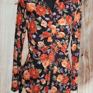 Ember Floral Button-Down Sheer Blouse, Black Long Sleeve, orange, purple - LG